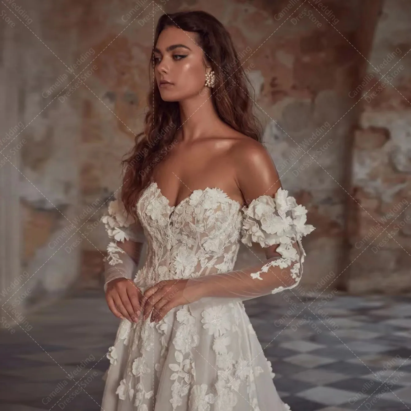 Vestidos de casamento feminino em linha, aplique 3D floridos, vestidos de noiva princesa, elegante e luxuoso, pastoral, formal