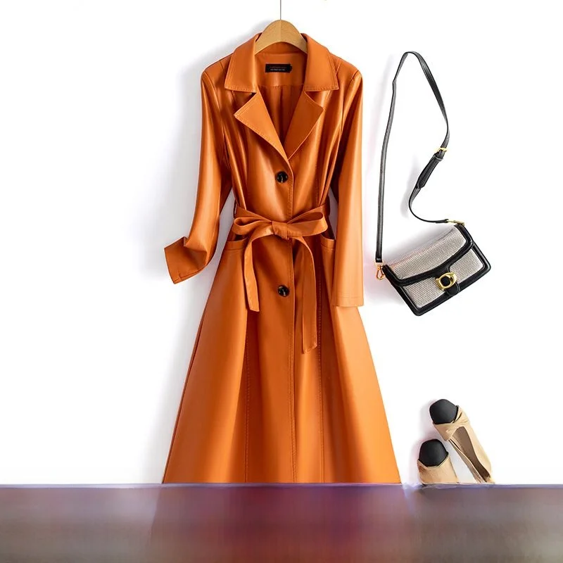 Slim Fit Stand Collar Leather Jaet Women's Sle Spring New Korean Version Long Coat Tee Button PU Material