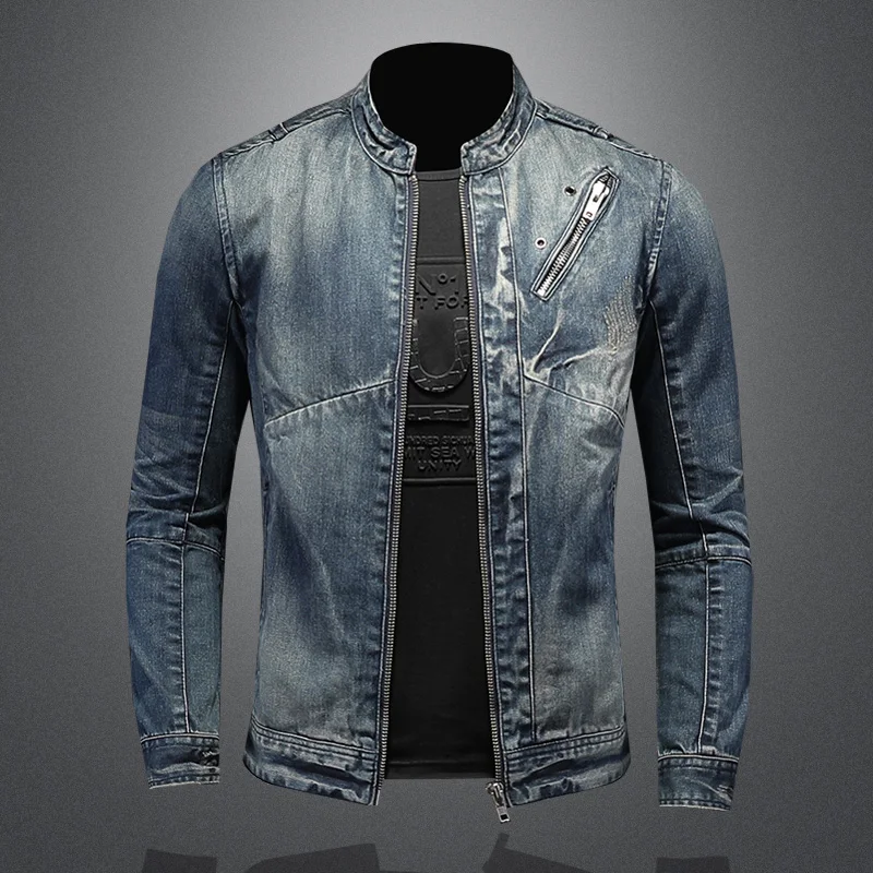 2023 Spring Men Vintage Denim Jackets Mens Fashion Slim Fits Motocycle Jean Denim Jacket Male Soild Color Cotton Outerwear