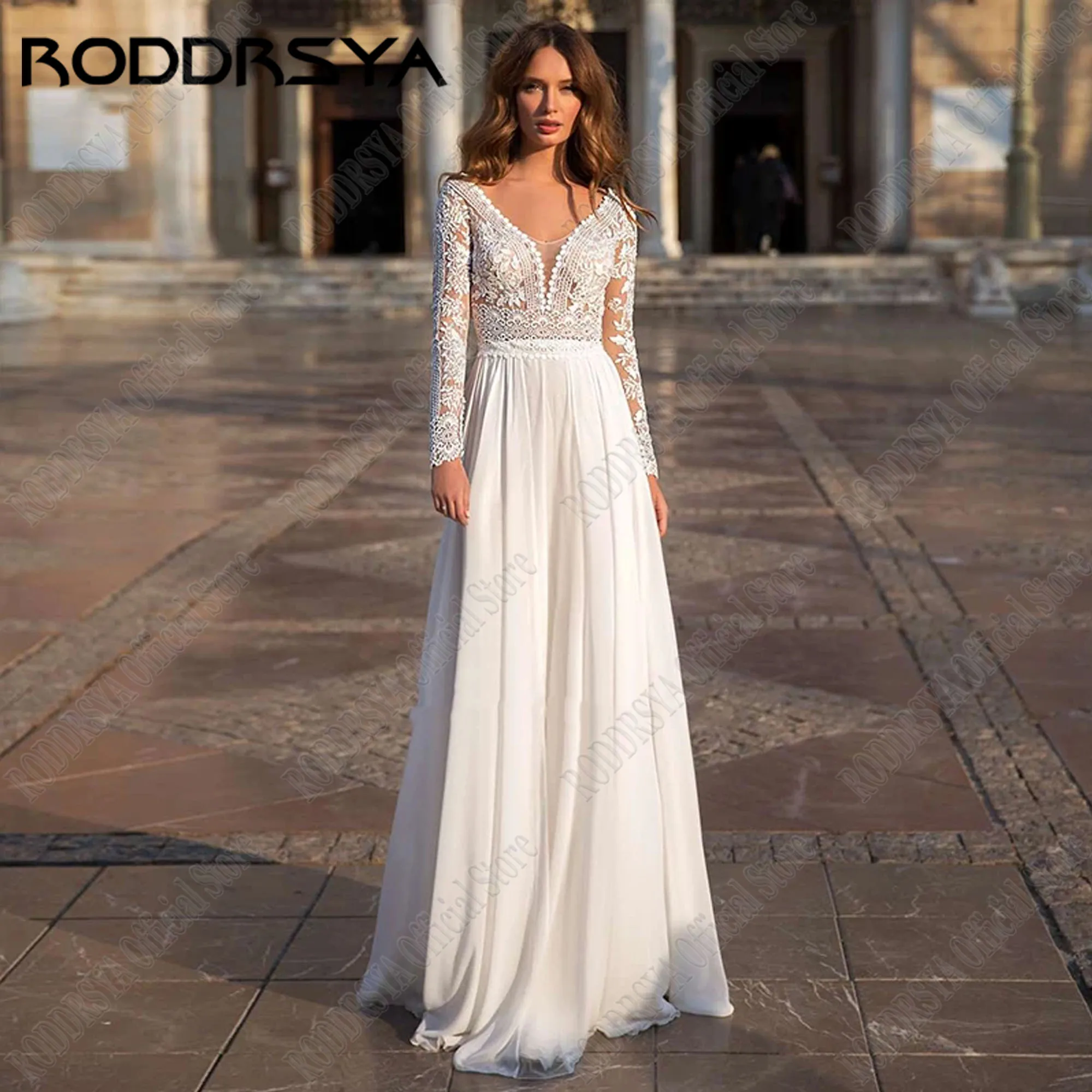 

RODDRSYA Chiffon Civil Wedding Dress Women V-Neck Long Sleeves Robe De Mariée A-Line Applique Classic Bride Gowns Sweep Train