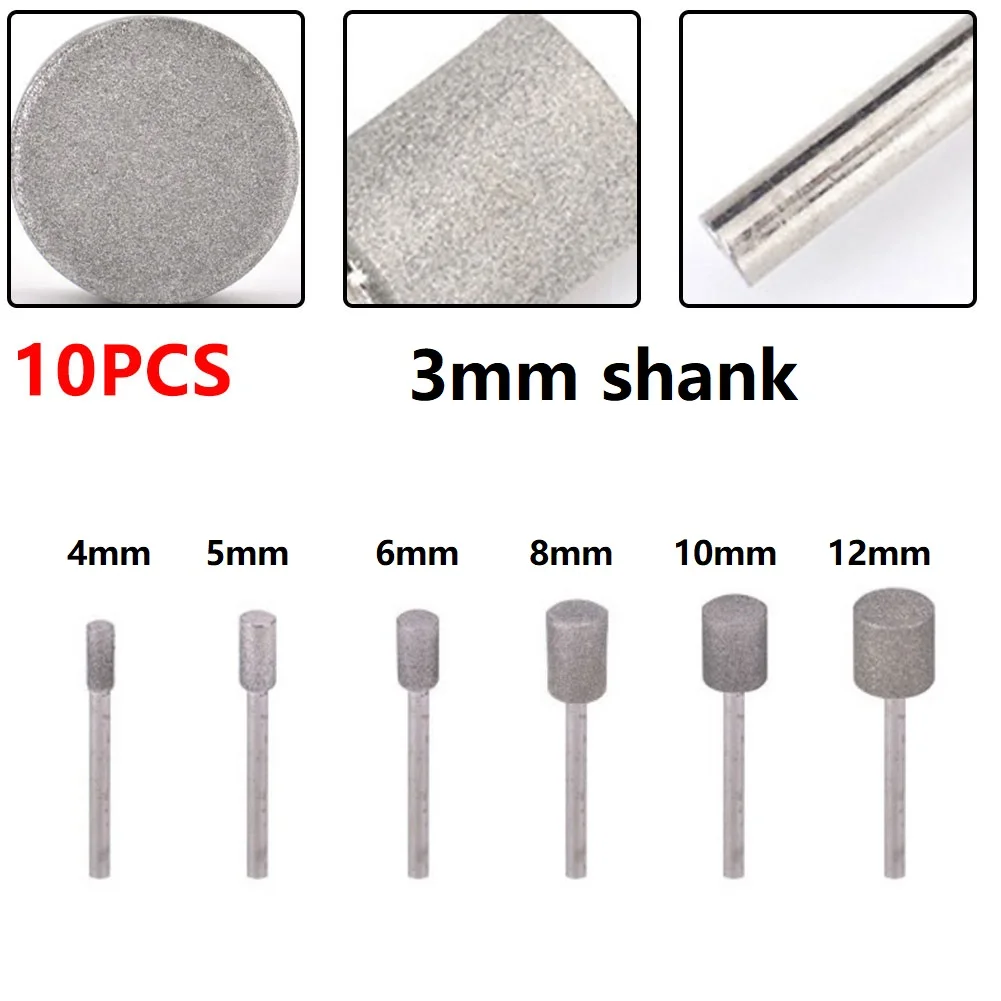 10PCS Cilindro Diamante Rettifica Testa Burr Punta da trapano Set Per Intagliare Incisione Foratura 4-12mm Potenza Lucidatura Utensili Rotanti