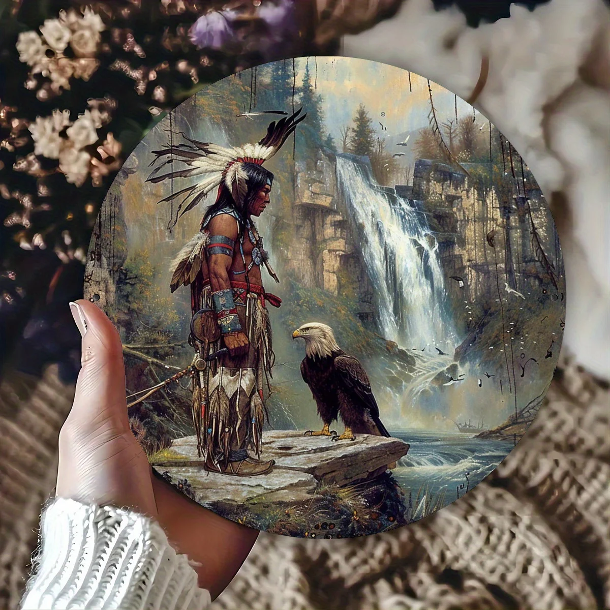 Vintage Indianerhäuptling mit Weißkopfseeadler Rundes Blechschild, Retro Distressed Stil, Stammeskrieger, Wasserfall, Wald, Land