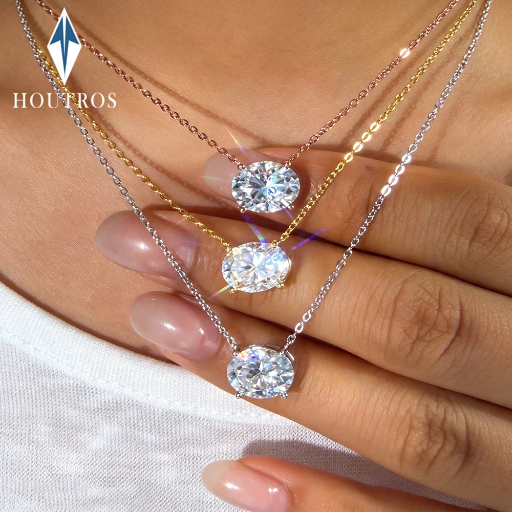 1/2/3CT East West Oval Cut Moissanite Pendant Necklace for Women 925 Silver 18K Gold Plated Solitaire Diamond Neck Chain Jewelry