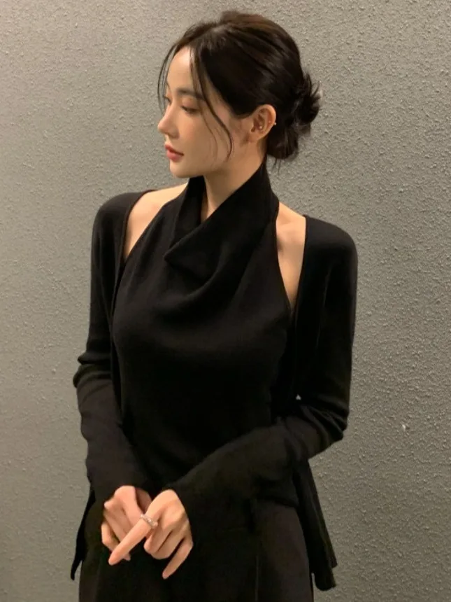 بلوزة نسائية محبوكة بياقة على شكل V، تصميم عملي متعدد الاستخدامات، نمط خريفي جديد، إطلالة كاجوال، قميص بحمالة رقبة