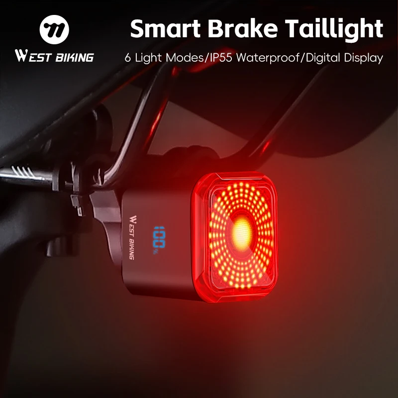 

WEST BIKING Smart Brake Bicycle Taillight Digital Power Display Auto Start/Stop Tail Light IP55 Waterproof Bike Rear Light