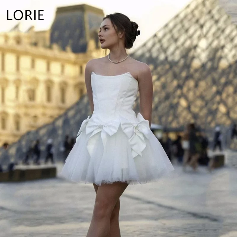 

LORIE Mini A-Line Satin Wedding Dresses Strapless Short Lot Bow Bride Prom Gown Homecoming Above Knee Bridal Gown Customized
