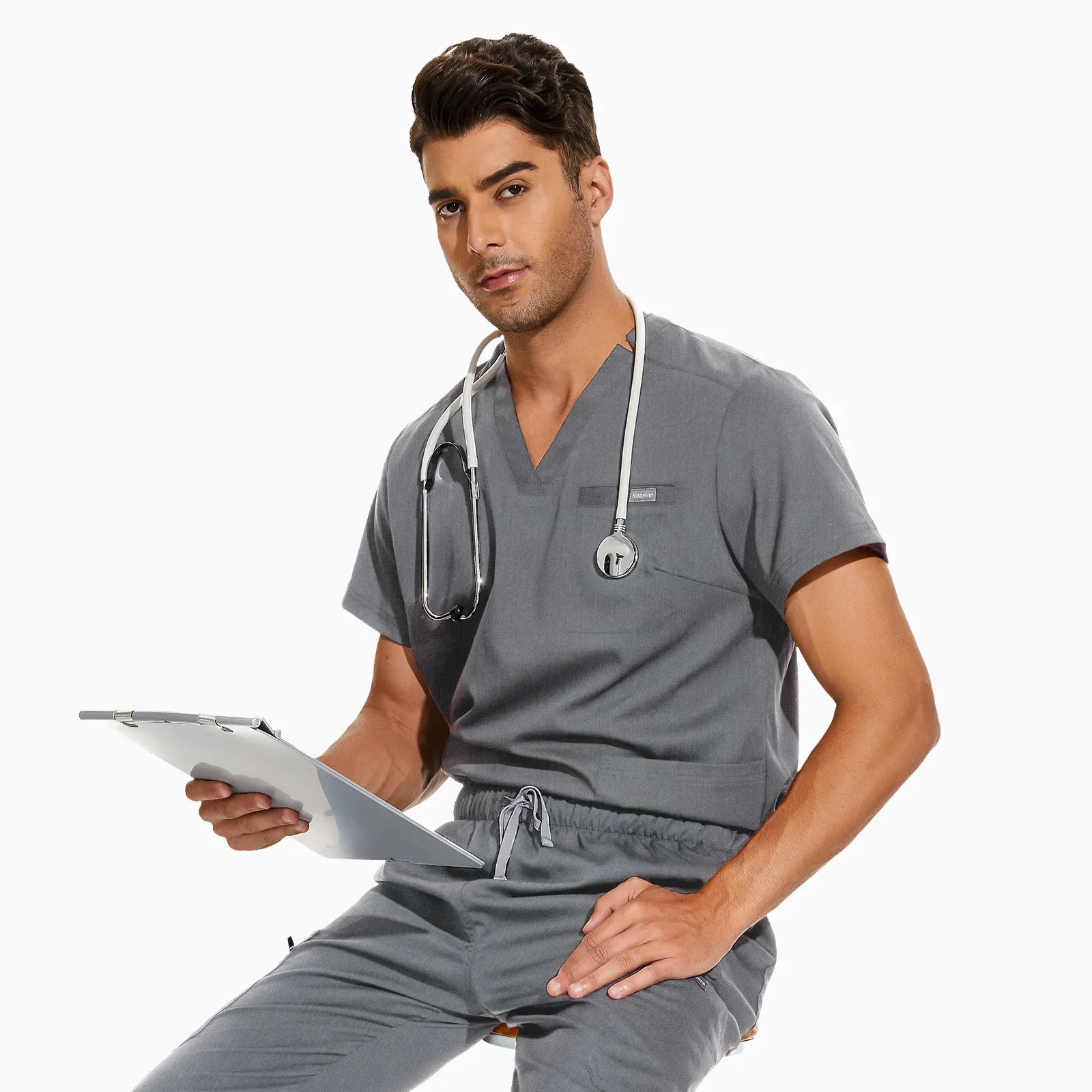 Ensemble uniforme d'infirmière hospitalière à col en V pour femmes, désinfectant pour les mains version coréenne, vêtements de travail unisexes pour médecins à manches courtes, grande taille