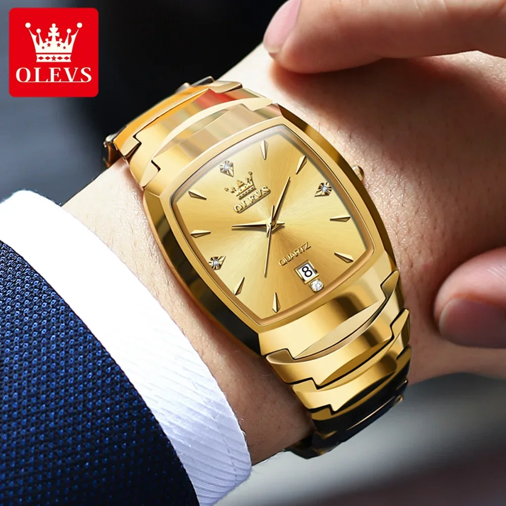 

OLEVS Waterproof Calendar Tonneau Dial Design Sports Quartz Watch 7006 For Men Tungsten Steel Strap Mens Watches Wristwatches