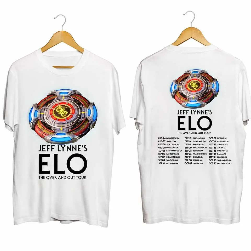 تي شيرت Jeff Lynne's ELO The Over and Out Tour 2024 على الوجهين تي شيرت عصري غير رسمي فضفاض ملابس الشارع الشهير رياضي برقبة مستديرة للجنسين