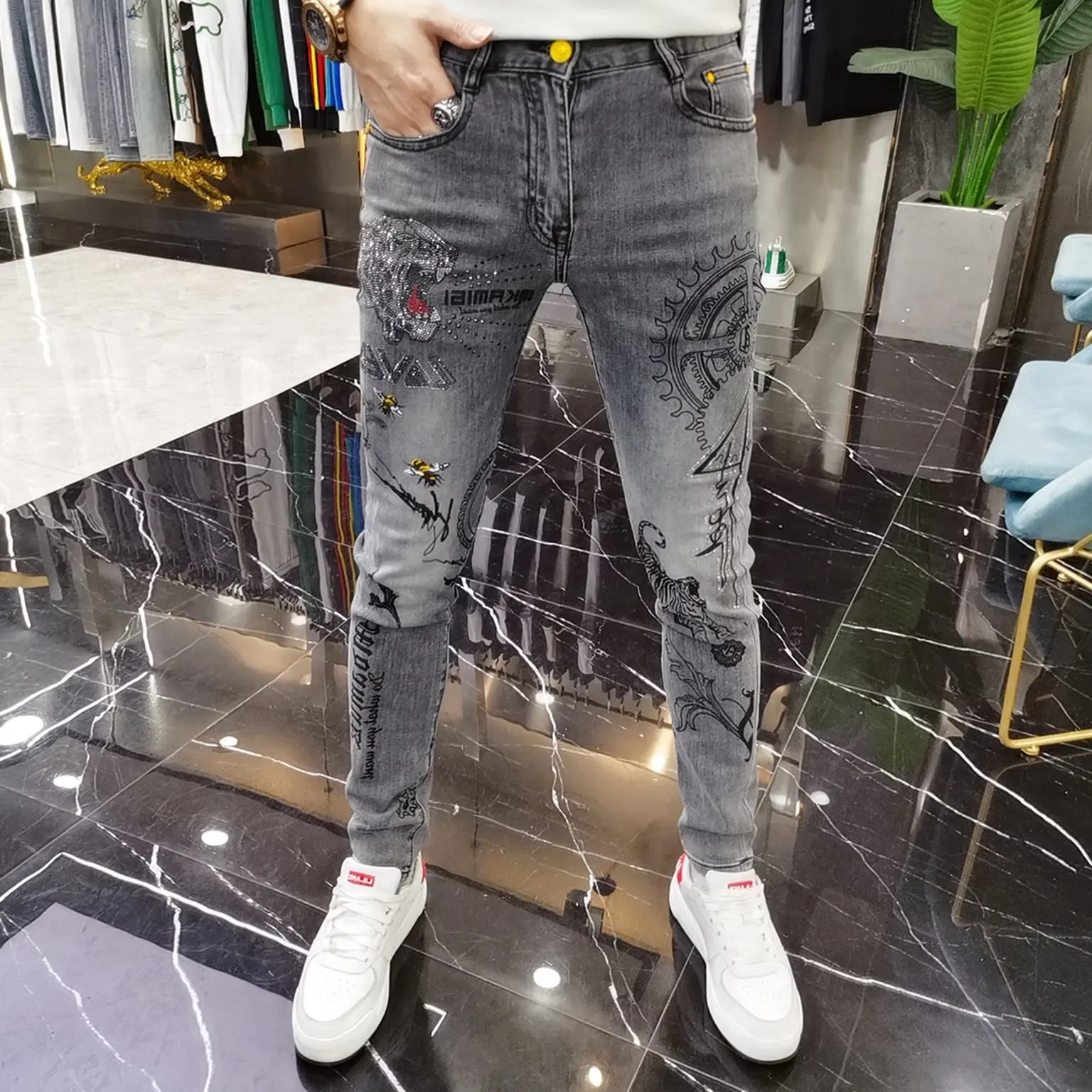 Jean haut de gamme pour hommes, imprimé décontracté, élastique, Slim Fit, pantalon de loisirs, tendance pour jeunes, Denim extensible en coton, nouvelle collection automne