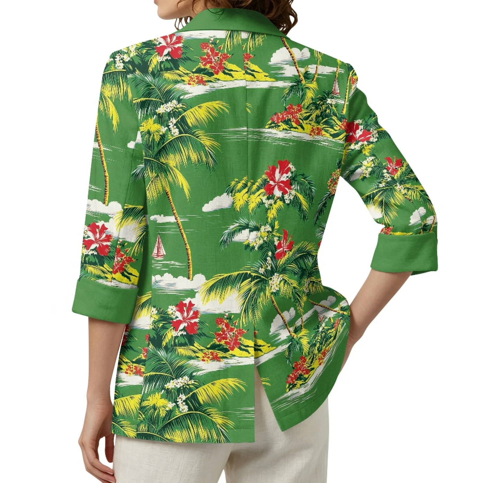 PENSTROLL Palm Hibiscus Linen Like Outerwear Casual Layering Top for Women S-3XL