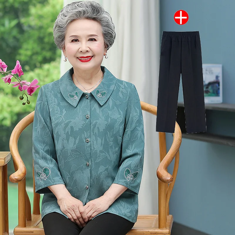 

Fdfklak Grandma Spring Summer Suit 3/4 Sleeve Middle-Aged Elderly Mother Shirt Trousers Two Piece Set Women Conjunto Femenino