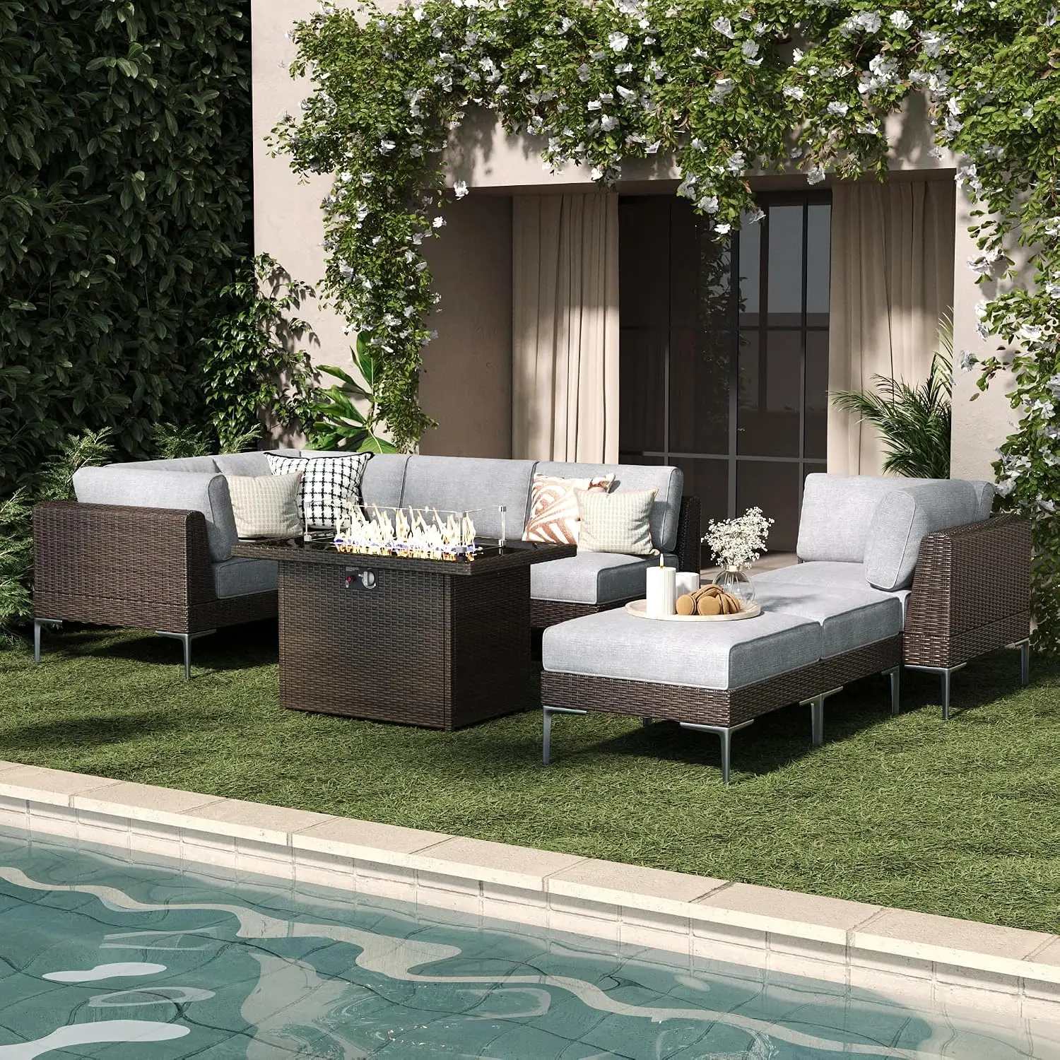 Outdoor Modular Wicker Sectional Sofa With Fire Pit Table Patio Furniture Set Deep Seating Thick Cushions 8-Piece, Customized