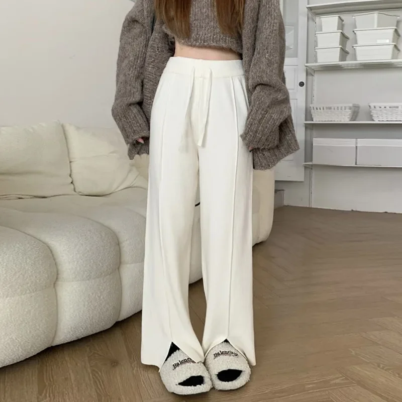 Women Long Pant High Waist Drawstring Splice Knitted Solid Wide Leg Pants Casual Loose Split Elegant Office Lady Sporty