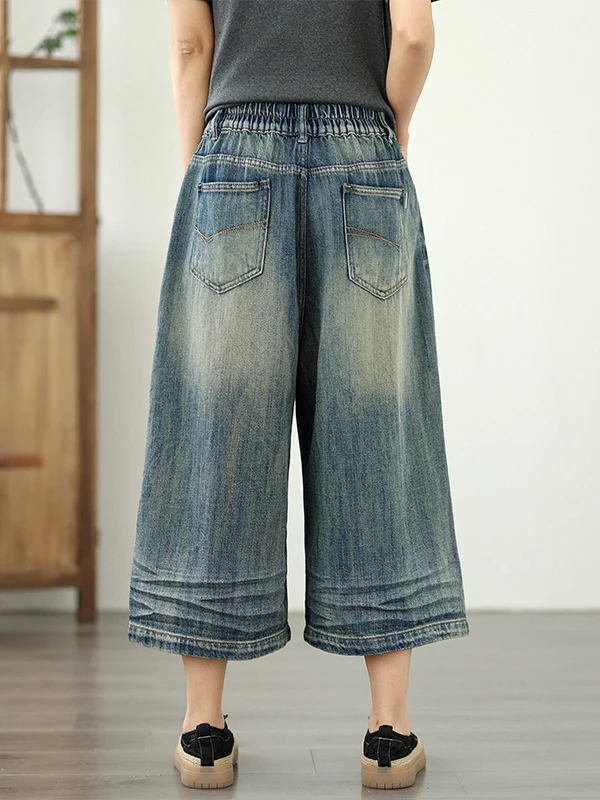 

plus Size Women's Jeans Casual Vintage Waed Elastic Waist Loose Wide Leg Pants Seven-Five Length Summer Blue Jeans