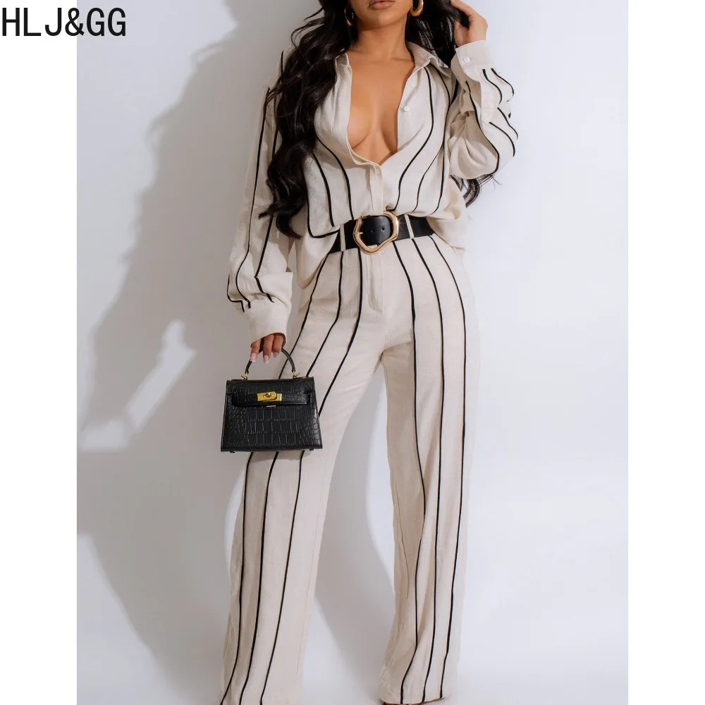 

HLJ&GG Apricot Elegant Lady Stripe Printing Two Piece Sets Women Lapel Collar Long Sleeve Top And Pants Outfits Female Clothing