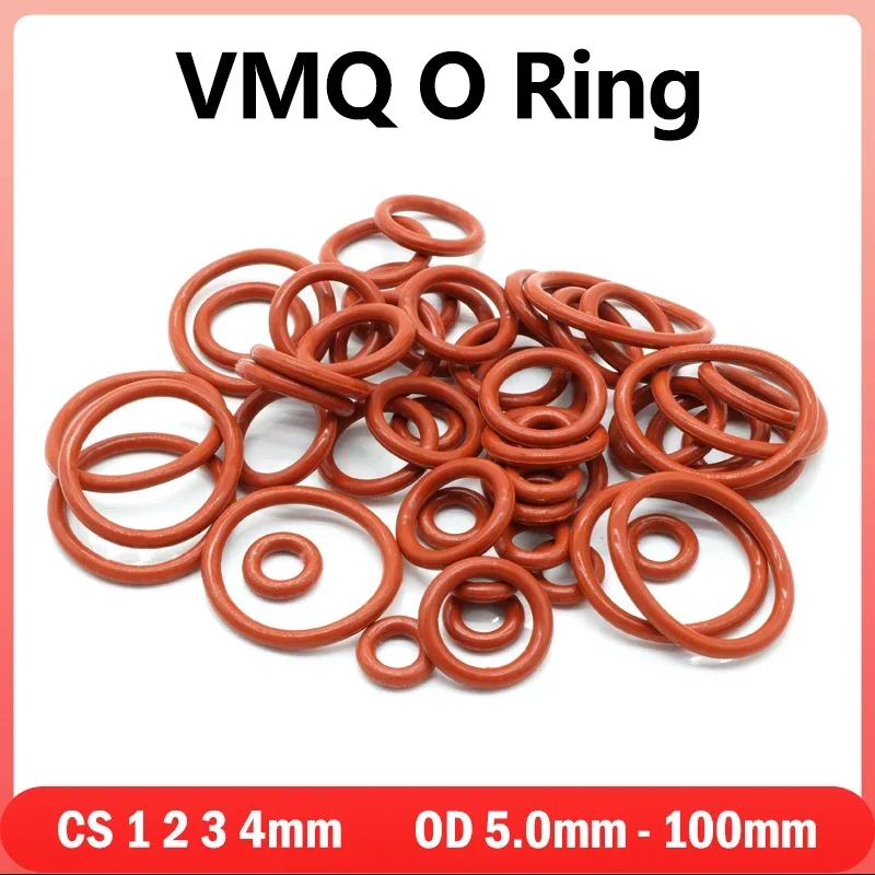 50pcs VMQ O-Ring Gasket CS 1/2/3/4mm OD 5mm ~ 100mm Red Food Grade Silicone Waterproof Insulated Wear-resistant Sealing Washer