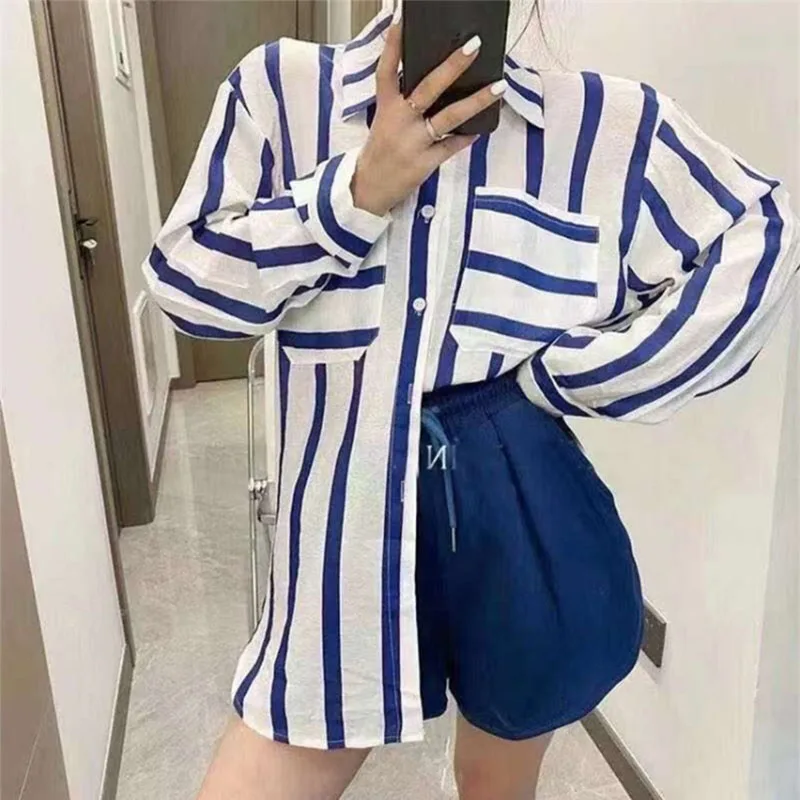 

Women Striped Shirt Long Sleeve 2024 Spring Summer Ladies Turn-down Collar Button Tops Casual Loose Female Oversized Blouses