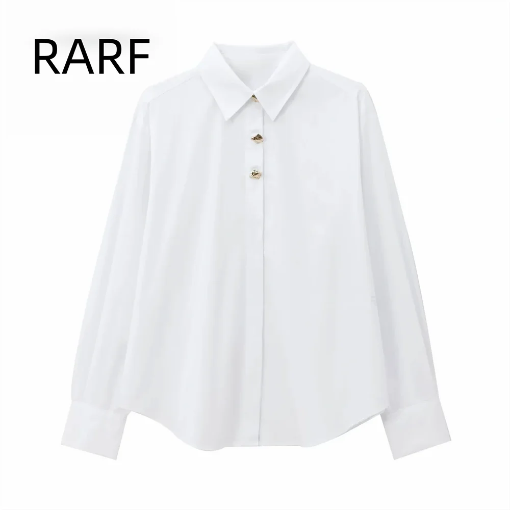 Autumn and Winter New Women\'s Clothing French Style Fashionable Gold Buckle Decoration Poplin Long Sleeve Shirt