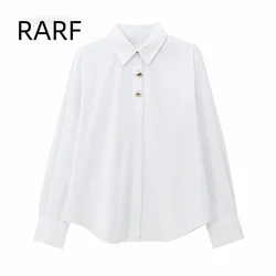 Autumn and Winter New Women's Clothing French Style Fashionable Gold Buckle Decoration Poplin Long Sleeve Shirt