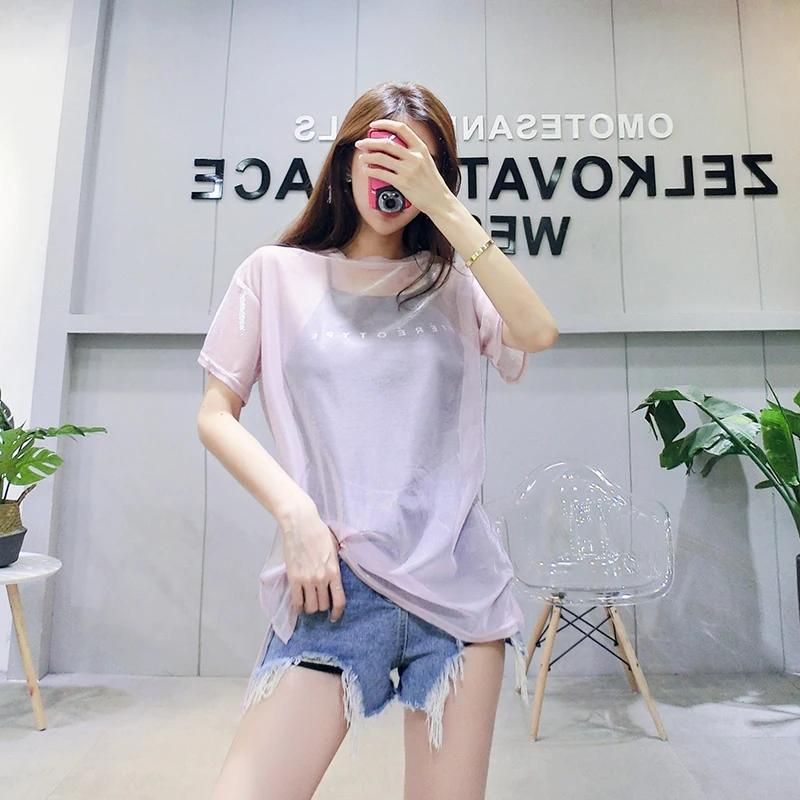 2 pieces Set Cheap wholesale 2021new Spring summer Hot selling fashion casual see through woman tshirts lady beautiful sexy Tops