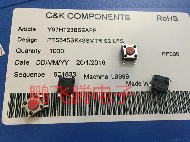 10PCS/lot Original American  PTS645SK43SMTR92LFS touch switch 6*6*4.3 patch 4-pin button