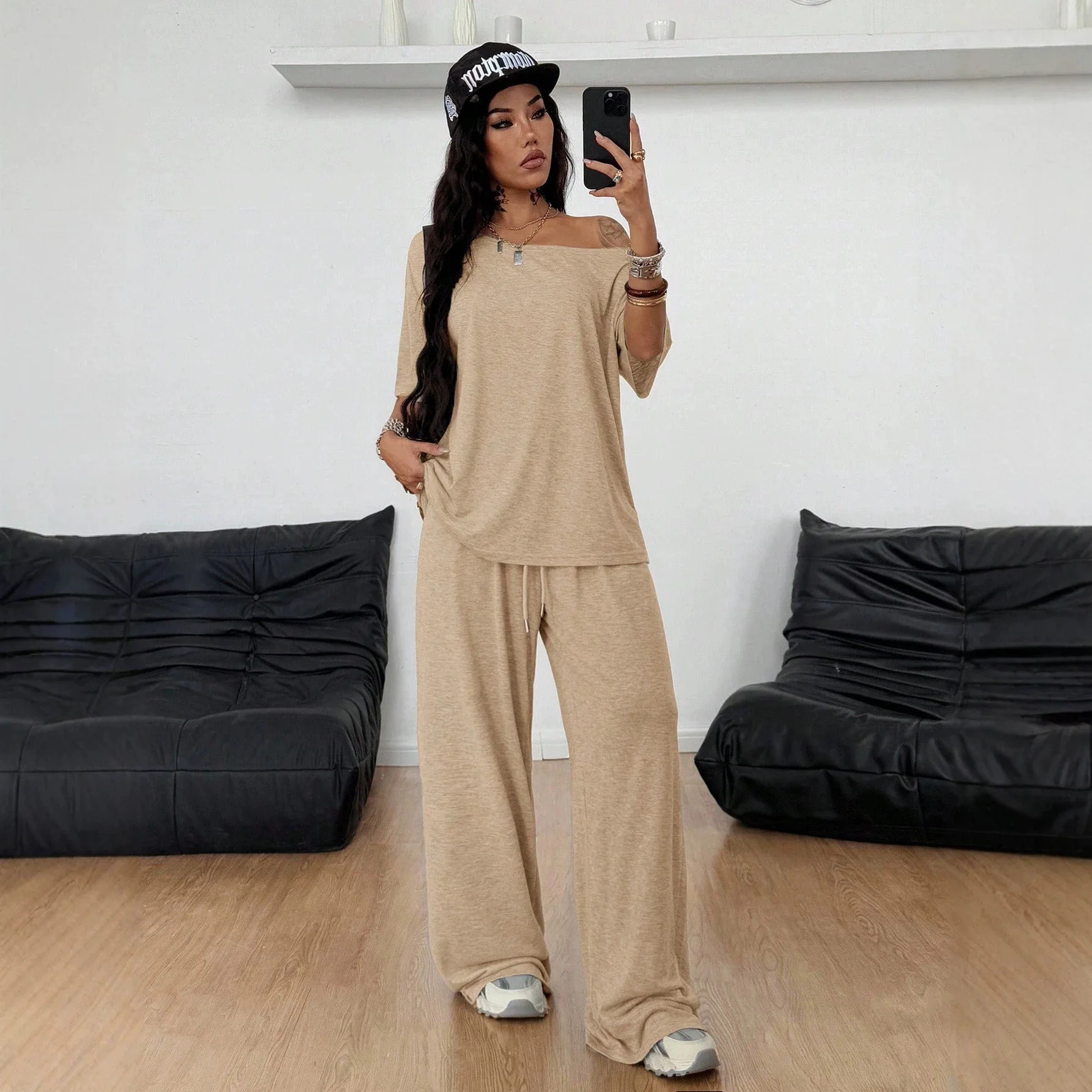 Women's Casual Solid Color Two Piece Set Off Shoulder Wide Leg Pants Tracksuit Loose Trousers