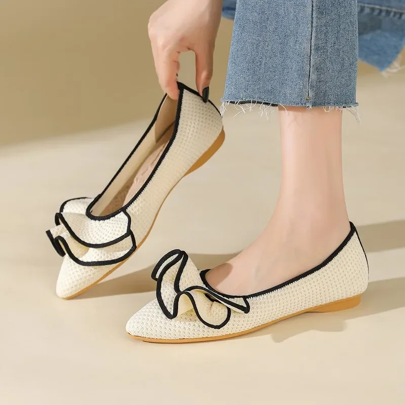 

Brand Designer Flats Women Knitted Lace Pointed Toe Design Elegant Dress Pumps Comfort Soft Sole Loafers Ladies Zapatos De Mujer