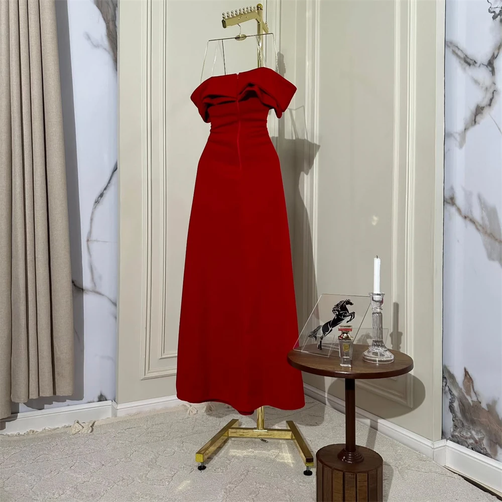 Customized Evening Dress Classic Red Jersey Strapless Off the Shoulder Sleeveless Prom Gowns Straight Ankle Length Party Dresses
