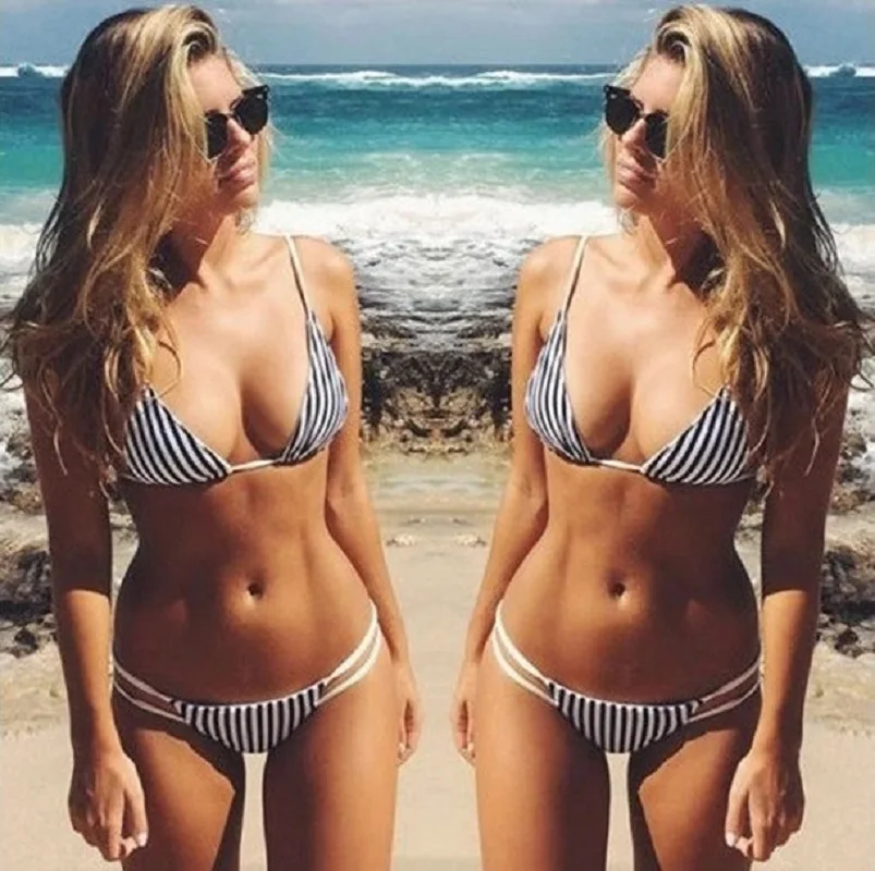 Women's Striped Triangle Bikini Set Brazilian Style Two-Piece Swimsuit with Thin Straps Summer Beach Swimwear