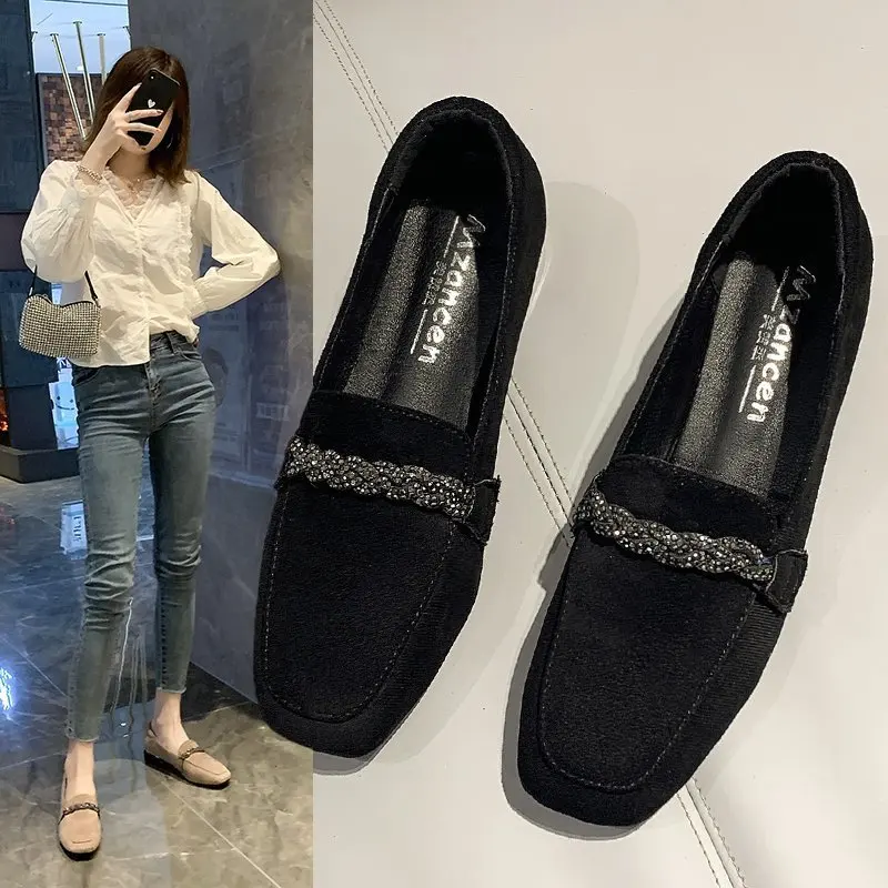 2022 Autumn Winter Women Loafers Low Heels Boat Shoes Square Toe Dress Shoes Chain Faux Suede Plush Warm Ladies Shoes Plus Size