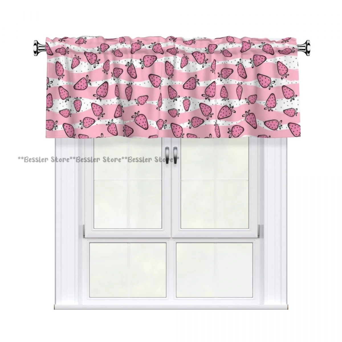 Short Curtain Valance For Kitchen Cafe Barrier Sweet Strawberry On Stripes Background Small Half Curtain