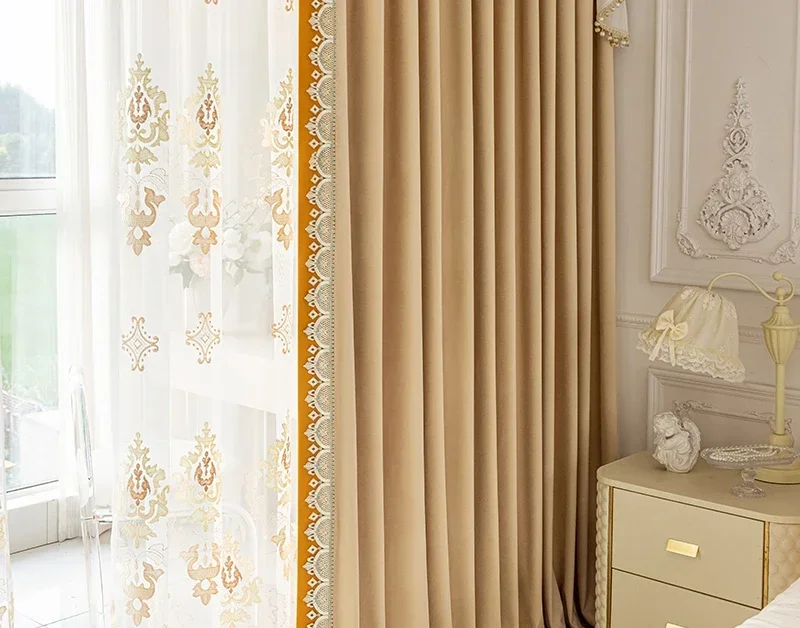 

Velvet French curtains for living room American European-style orange embroidered tulle head valance bedroom customization
