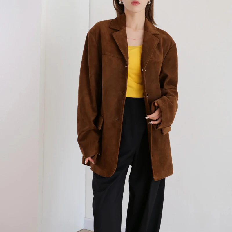 Genuine Sheepskin Jackets Women 2024 New Suede Lambskin Lapel Single-breasted Vintage Ladies Brown Loose Blazer Jackets Coats