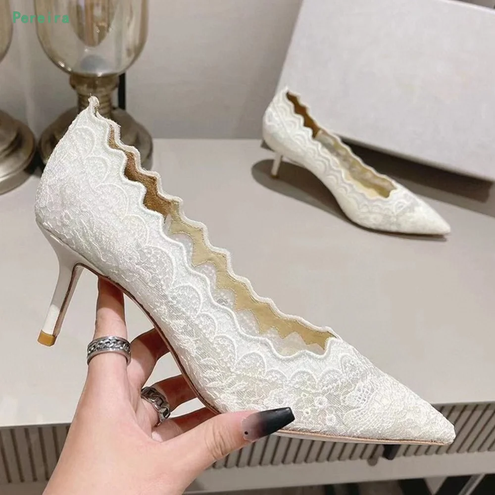 White Lace Slip-on Pumps Summer 2022 New Arrival Women\'s Hollow Solid Thin High Heel Pointed Toe Sexy Fashion Party Shoes