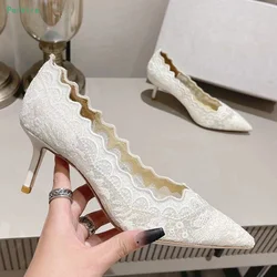 White Lace Slip-on Pumps Summer 2022 New Arrival Women's Hollow Solid Thin High Heel Pointed Toe Sexy Fashion Party Shoes