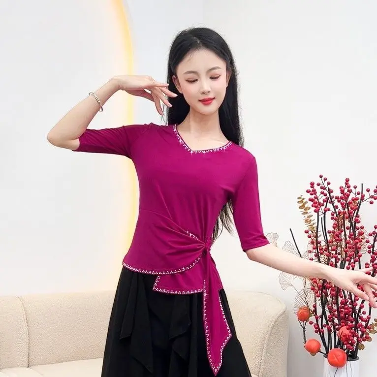 Modern Women's Short Sleeve T-Shirt Classical Dance Practice Uniform Slim Fit Short Style Dance Top Fashionable And Elegant