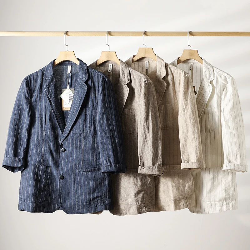 

Изысканный мужской повседневный деловой костюм из хлопка и льна с вертикальными полосками, однобортный, весна-лето, модный городской стиль