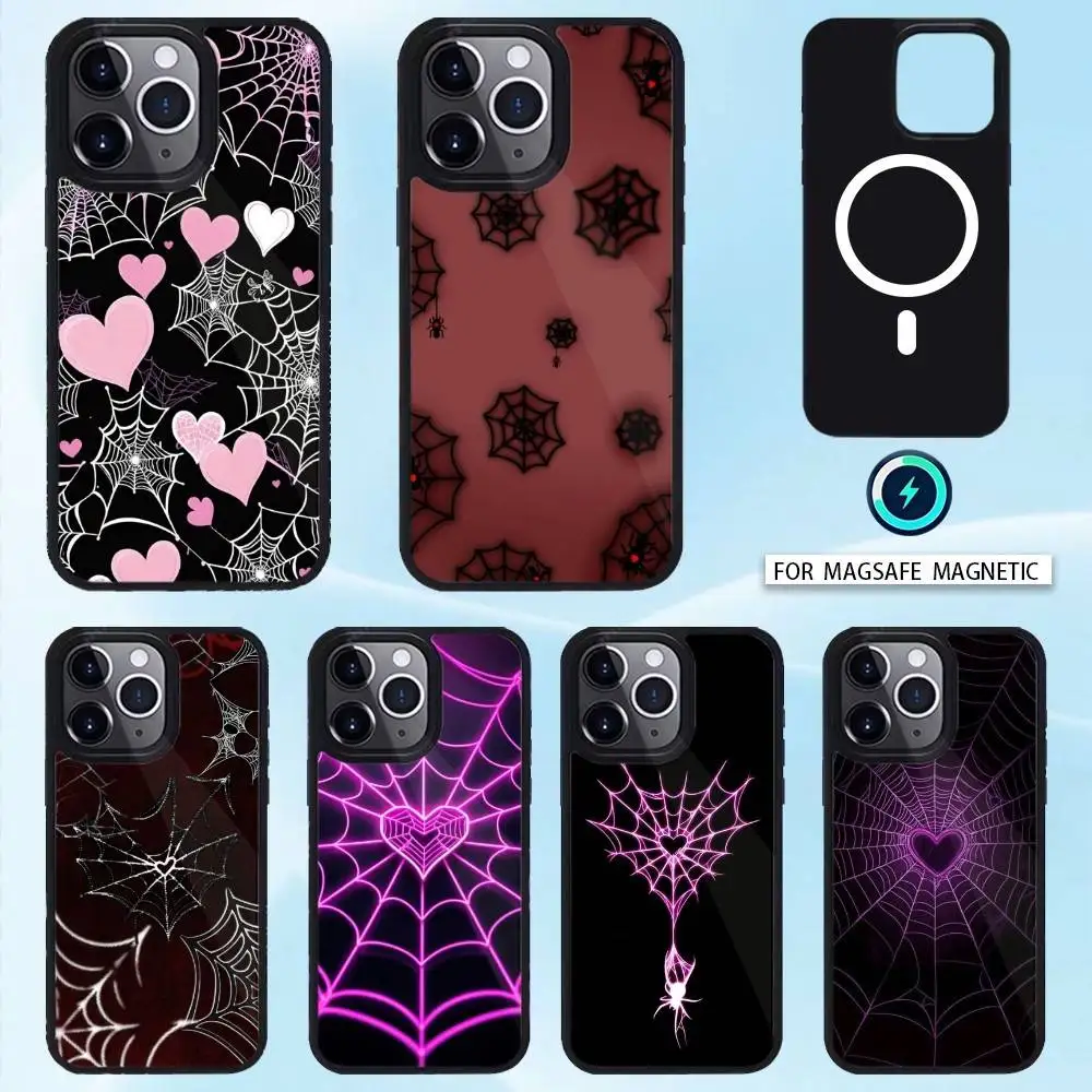 

Cool S-Spider Web H-Heart Phone Case Magnetic For iPhone16 15 14 13 12 Pro Max For Magsafe Wireless Charging Cover