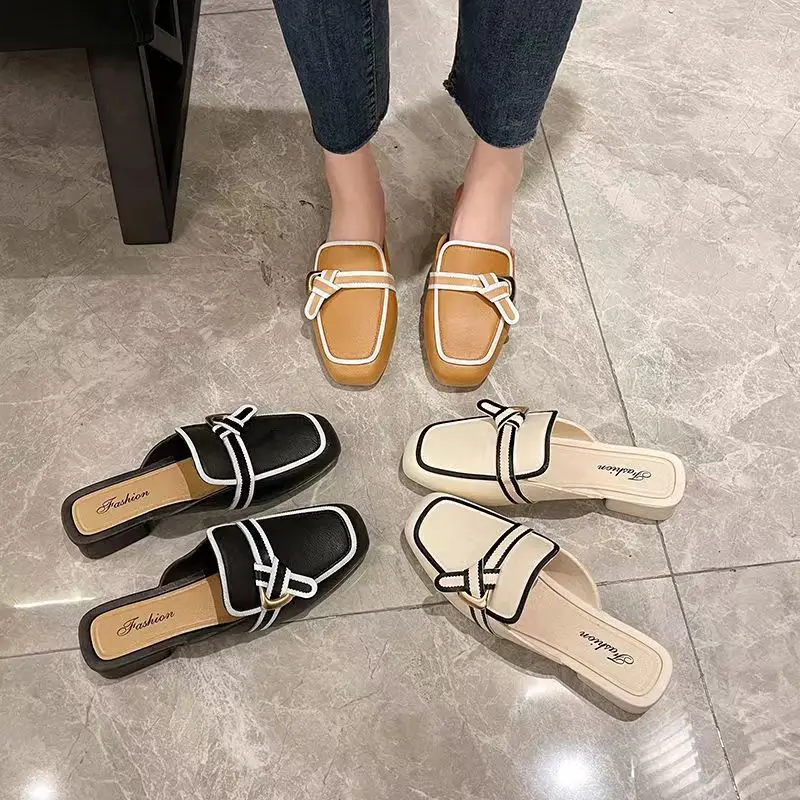 Summer Slippers Women Low Heel Anti-slip 2023 New Fashion Casual Simple All-match Square Toe Slippers Flat Bottom Comfortable