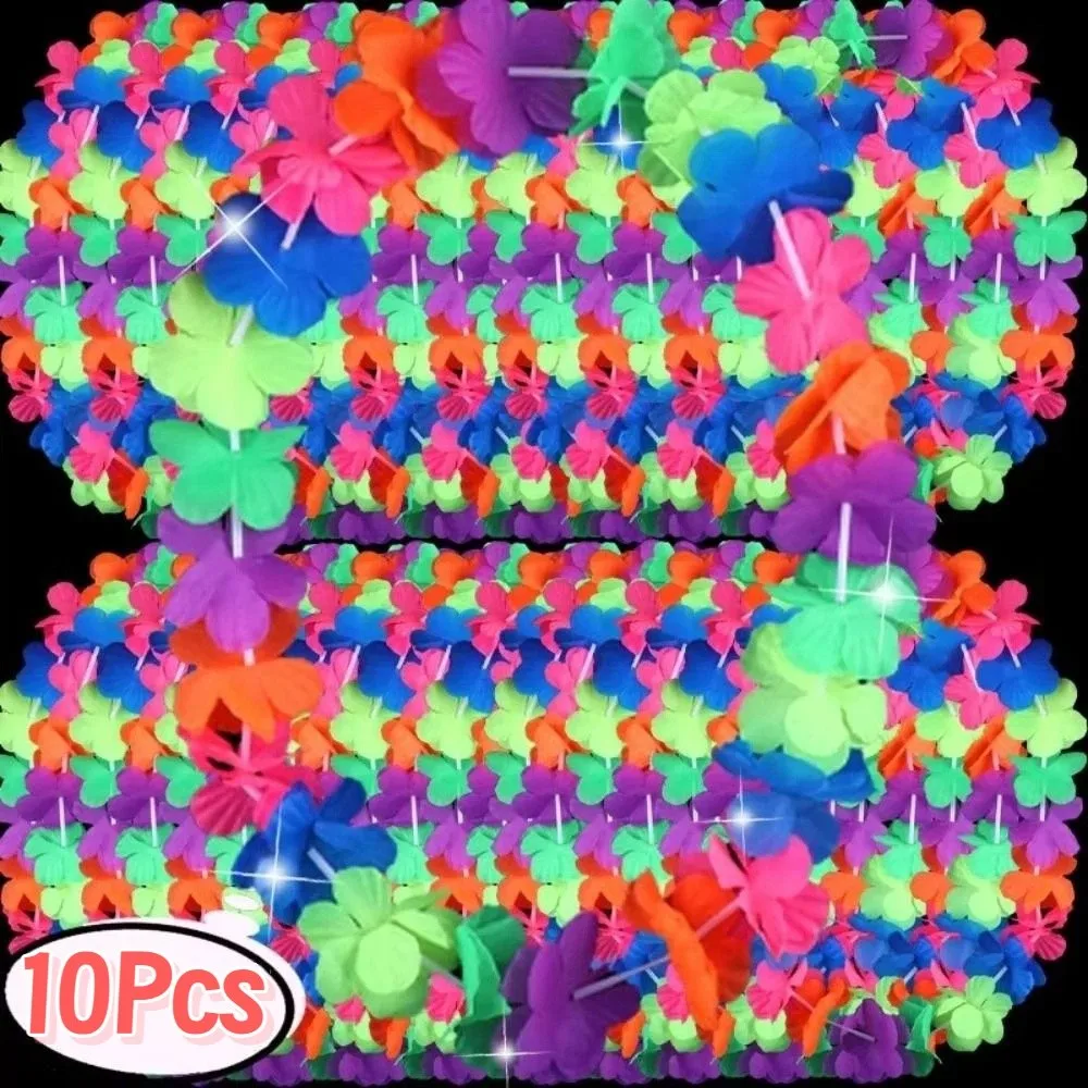 10Pcs Colorful Fluorescent Hawaiian Leis Vibrant Portable Artificial Flower Wreath Durable Creative Faux Flower Garland Necklace