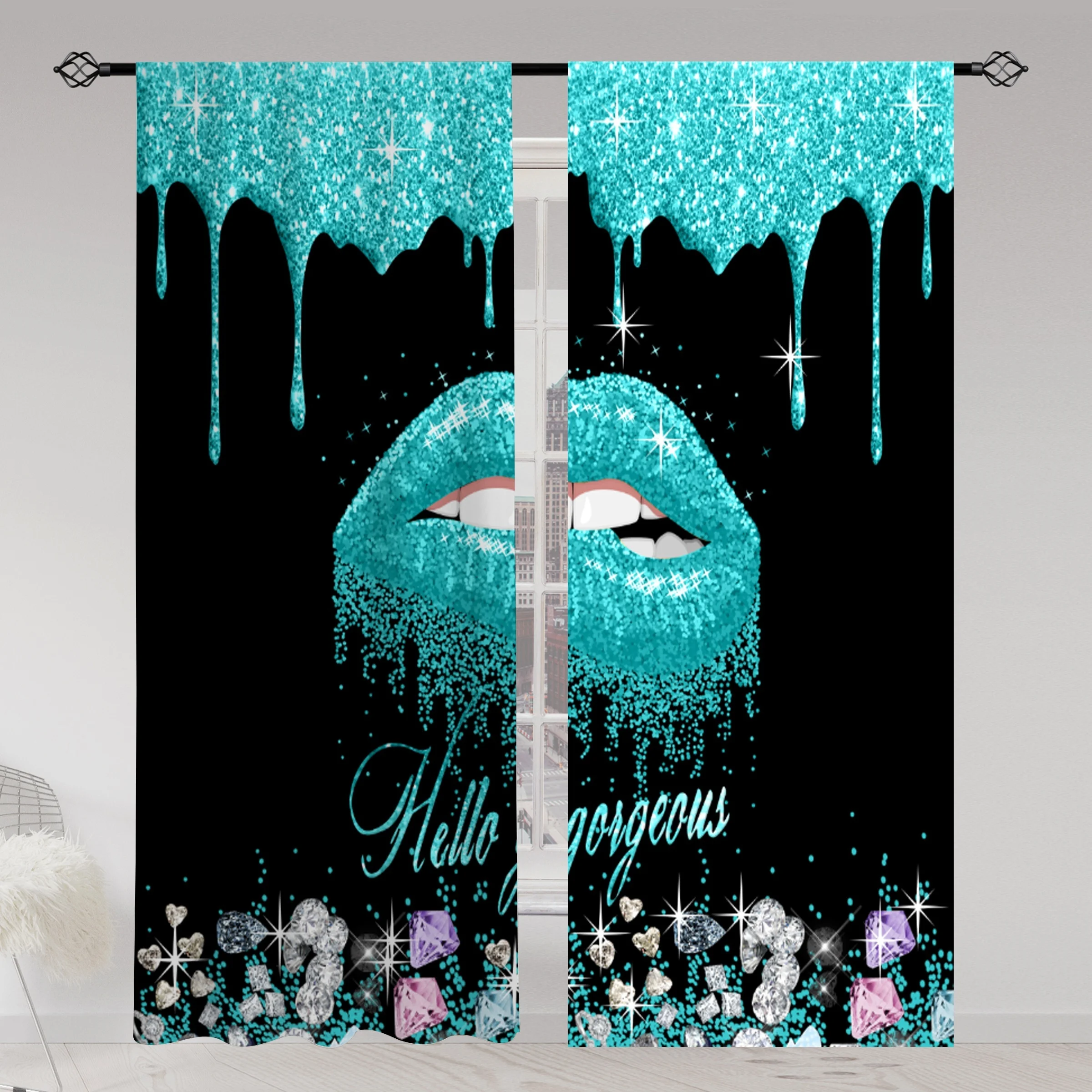 Hello Gorgeous Pink Glitter Lips Curtain Black Background Decorative Window Curtain for Bedroom Living Room Home Decor