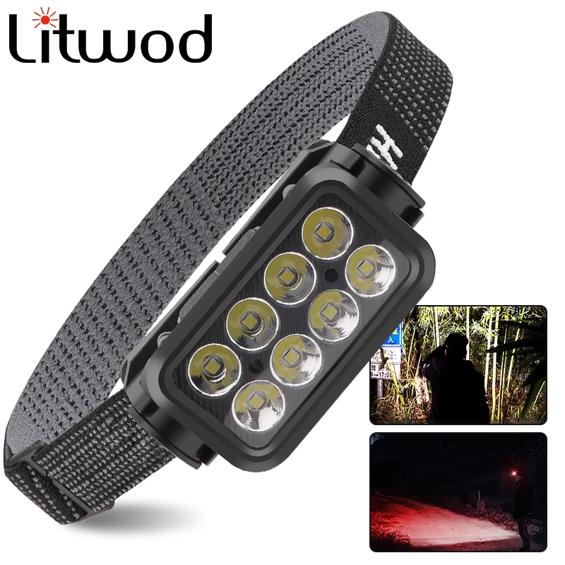 8Leds Sensor Headlamp COB Hiking Built in 18650 Battery Head Lamp Flashlight Headlight Running White & Red Lighting Lantern Bulb