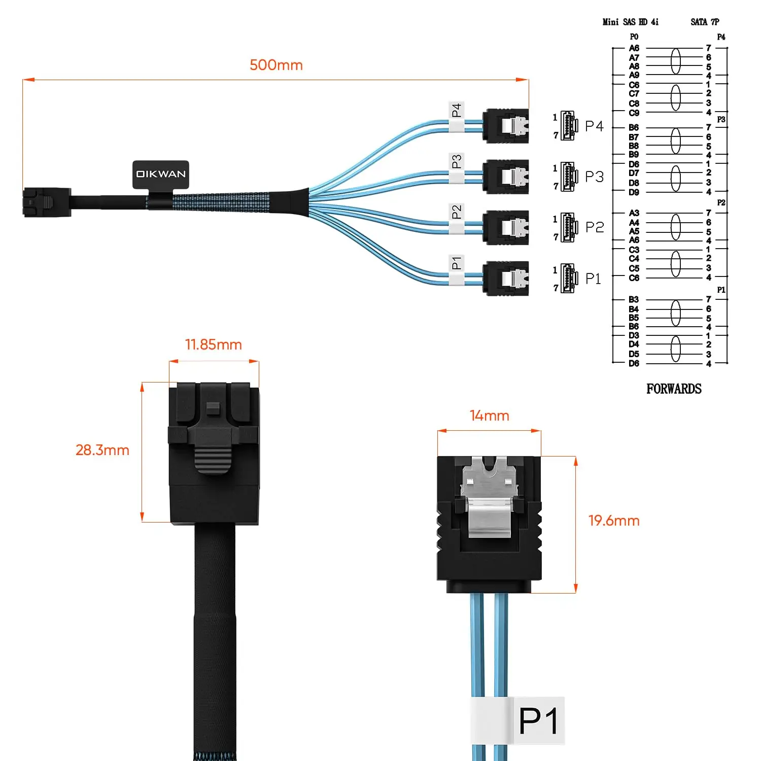 Internal HD Mini SAS to 4XSATA Cable,1.6ft SFF-8643 Host to 4X SATA Target Cable Compatible with Raid Controller Hard Drive