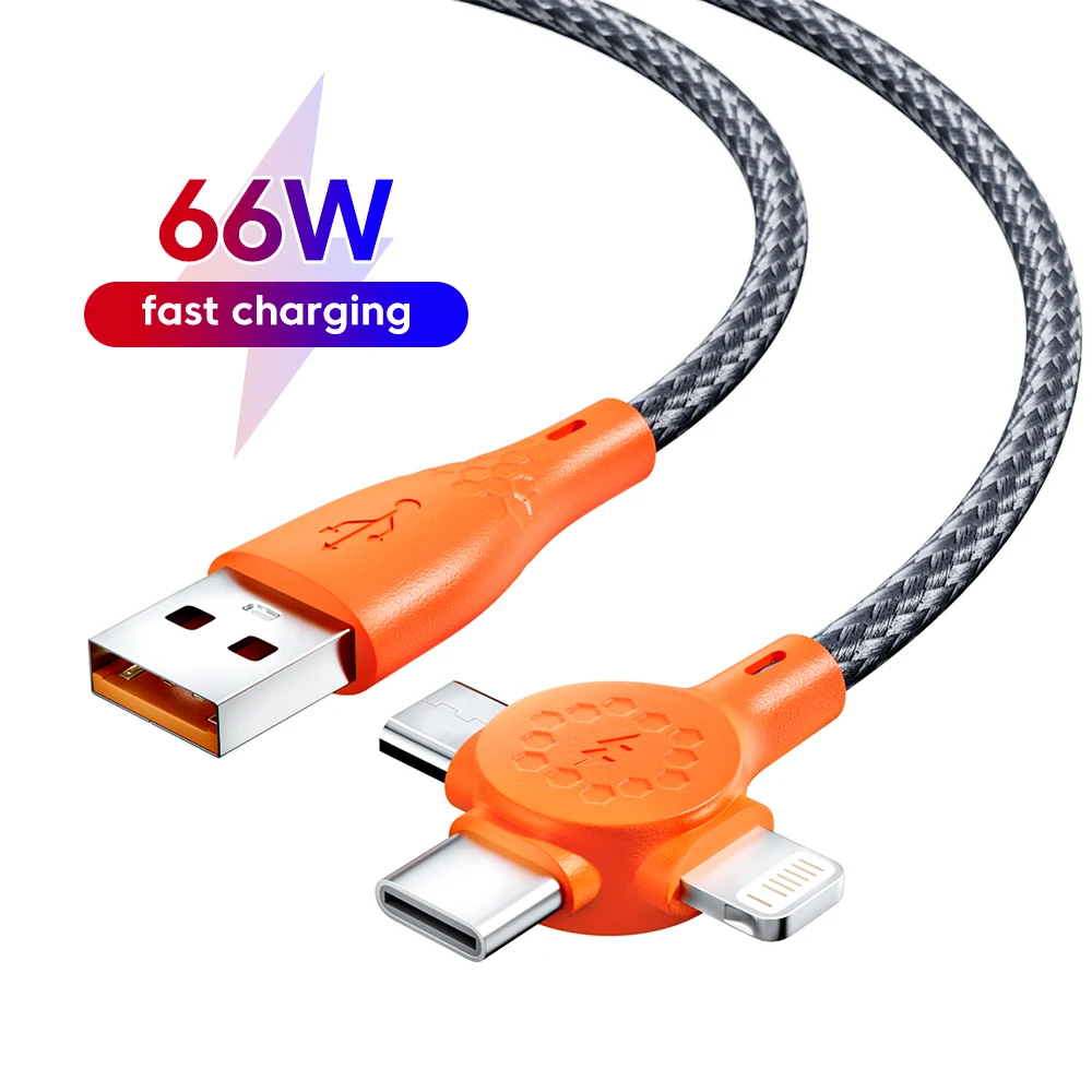 Olaf 66W 3A Usb Charger Cable 3 In 1 Type C Cable Micro Usb Cord Fast Charging Multi Port Mobile Phone Wire for Iphone 15 Huawei