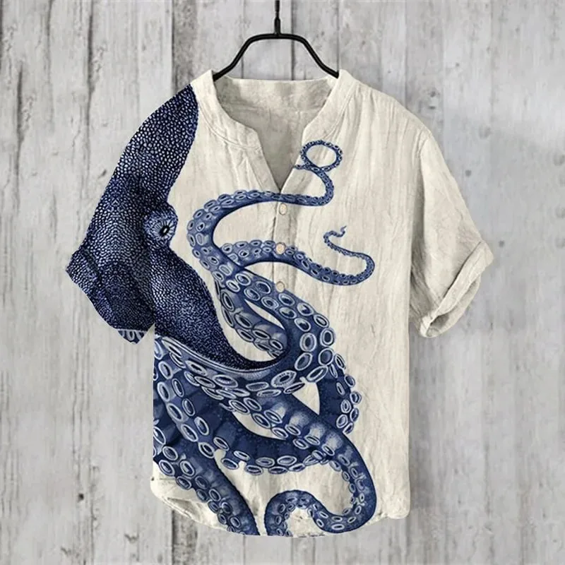 

Japanese Art Octopus Graphic Printed Short Sleeve Shirt Fashion V-neck Breathable Holiday Men's Blouse Pullover Buttons Harajuku