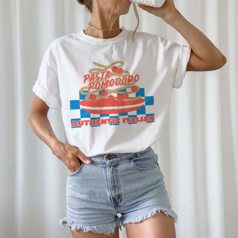 Tomate Pasta Grafik T-Shirts Retro süße Foodie Spaghetti Shirt Frauen Hippie Vintage italienisches Essen T-Shirt Baumwolle Unisex weibliche Top