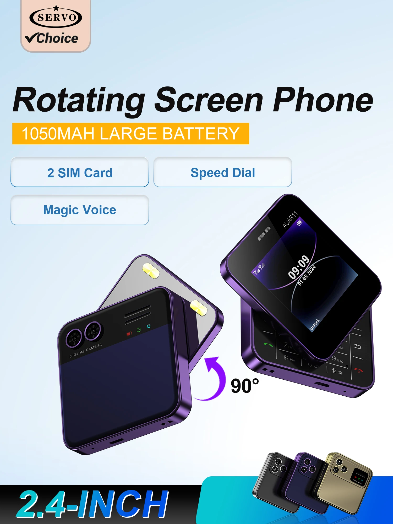 SERVO 2G GSM 미니 휴대폰 회전식 화면 2.4인치 디스플레이 듀얼 SIM 휴대폰 스피드 다이얼 FM 라디오 손전등 소형 전화기