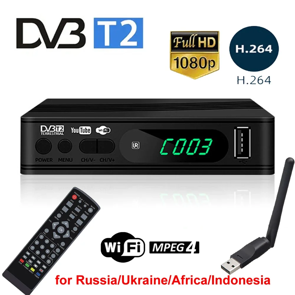 DVB-T2 1080 HD TV 튜너, 지상 리시버 지지대, USB2.0 TV 박스, H.264/MPEG4 디코드, 러시아, 우크라이나, 아프리카, 인도