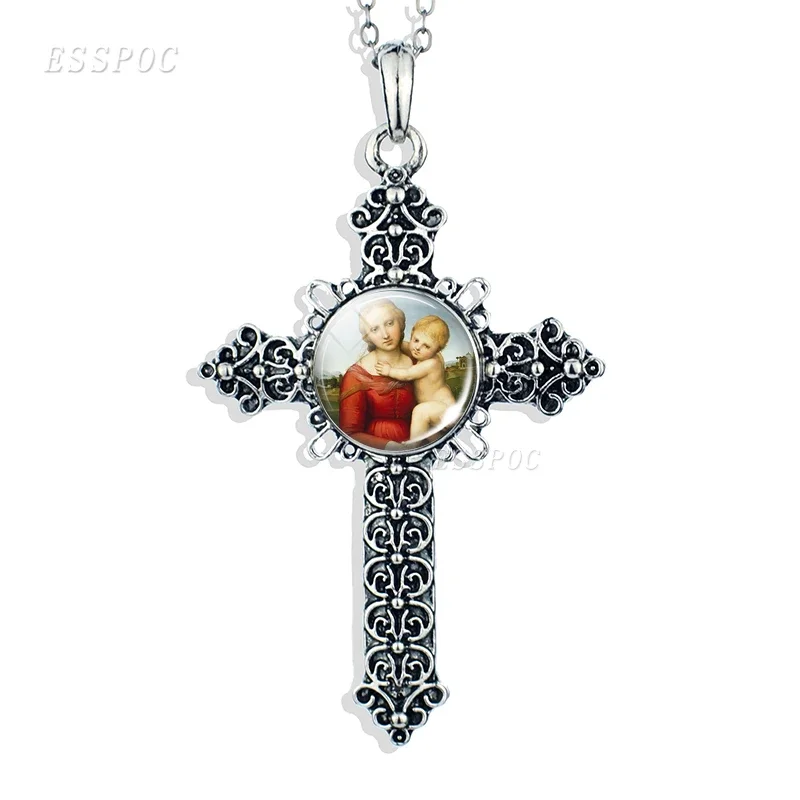 Son of God Jesus Cross Necklace Glass Cabochon Jewelry Angel Christian Virgin Mary Paw Prints Pendant Women Gifts